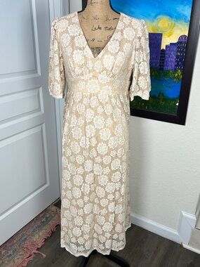 bohme Cream Lace Maxi Dress with Floral Appliqué